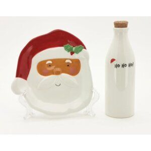 Holiday Time Red and White Santa Cookie Tray and Bottle 7.5 Earthenware Ceramic